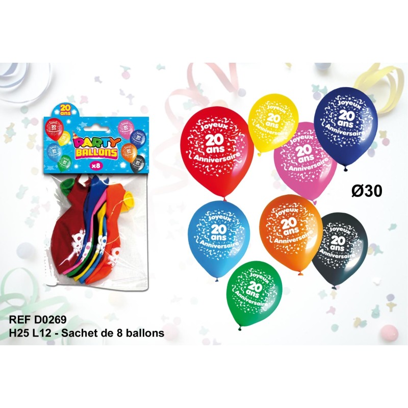 Sachet de 8 Ballons D'anniversaire Multicolores 20 ans