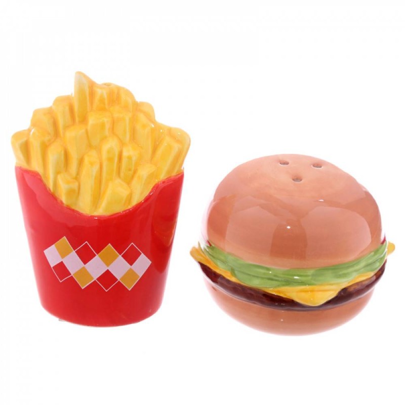 Salière et poivrière frites et hamburger